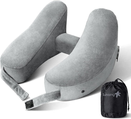 Sunany Travel Neck Pillow for Airplane Pillow Comfortably Supports Head, Neck and Chin, Inflatable Travel Pillow with Soft Velour Cover and Portable Drawstring Bag (Black, H-Shape)