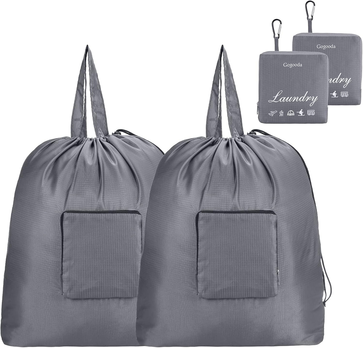 GOGOODA Travel Laundry Bags with Drawstring Closure XL Large Foldable Dirty Clothes bags with Handle Heavy Duty and Washable for College Dorm Travelling Camping, 2 Pack, Black & Beige