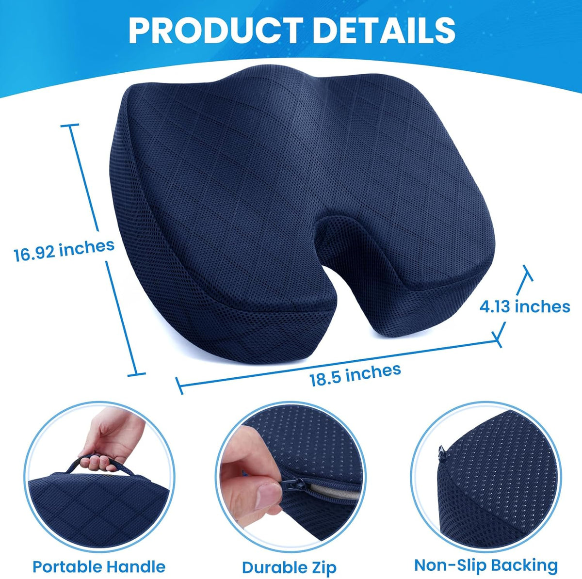 TushGuard Seat Cushion, Memory Foam Office Chair Cushion - Grey, Large
