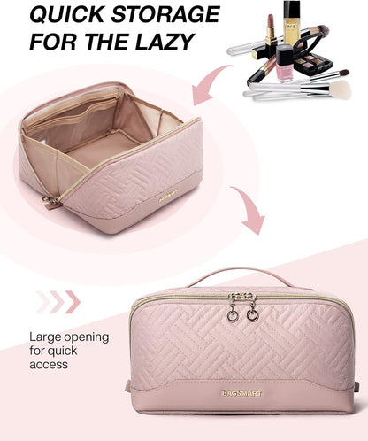 BAGSMART Travel Makeup Bag for Women, Portable Water-resistant Cosmetic Case, Puffy Padded Make Up Organizer Pouch, Open Flat Toiletry Bag for Toiletries, Brushes, Black