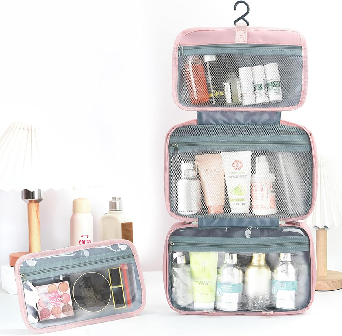 Toiletry Bag for Women Travel Water-resistant Cosmetic Bag Fashion Stripes Makeup Bag with Hanging Hook Preppy for Store Toiletries Cosmetic Accessories Medium Pink
