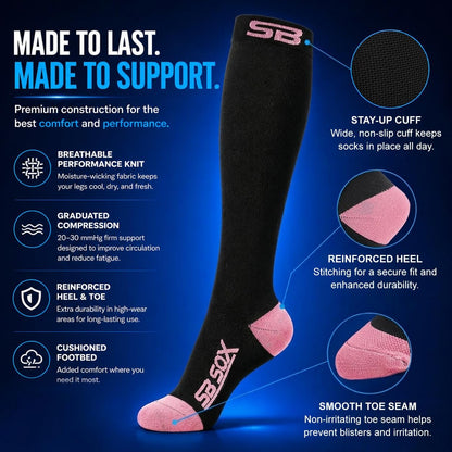 SB SOX Compression Socks for Men & Women (20-30mmHg) – Best Compression Socks for Flying, Medical, Sports, Wide Calf Fit, and Daily Wear