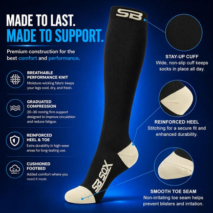 SB SOX Compression Socks for Men & Women (20-30mmHg) – Best Compression Socks for Flying, Medical, Sports, Wide Calf Fit, and Daily Wear