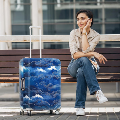 All Over Daisy Print Luggage Cover – Blue Suitcase Protector with White Floral Pattern, Washable Stretch Travel Case for 32-34 Inch Luggage,XL