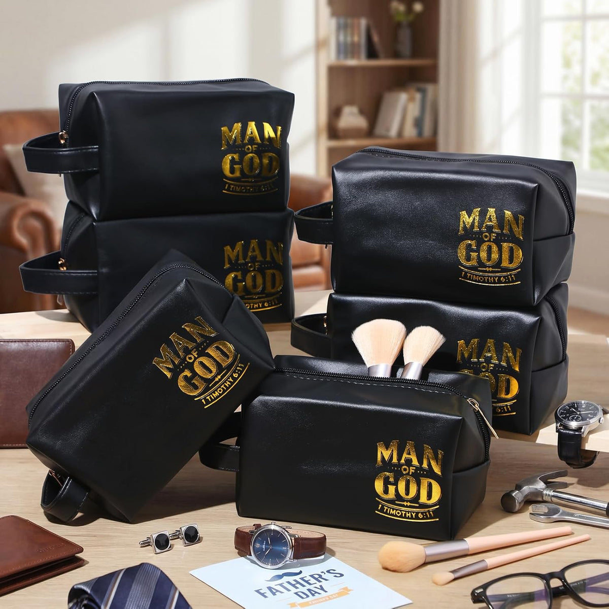 Skylety 6 Pcs Christian Father' Day Gift Bulk, Man of God Toiletry Bag Religious Travel PU Leather Toiletry Bags for Men Church Ministry Dad Boyfriend Husband Appreciation Gifts (3 Black 3 Brown)