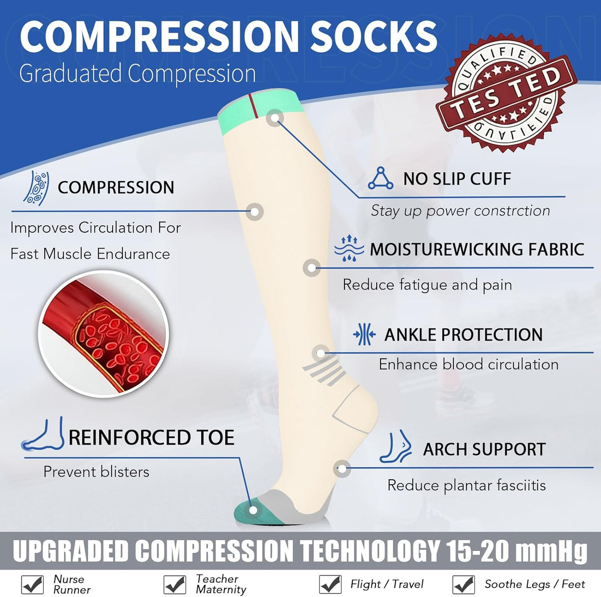 Sooverki Copper Compression Socks for Men & Women 8 Pack 15-20mmHg - Knee High Stockings Best Support for Running Athletic