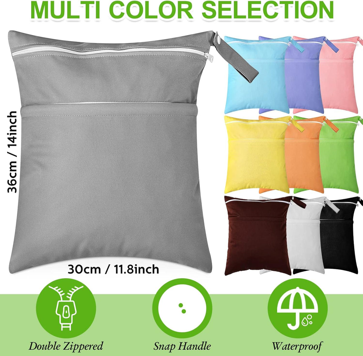 Woanger 10 Pack Wet Dry Bags for Baby Cloth Diapers Waterproof Reusable Travel Bags with Two Zippered Pockets Pool Beach Pouch for Swimsuit Beach Pool Daycare Yoga Gym Dirty Wet Clothe(Classic Color)