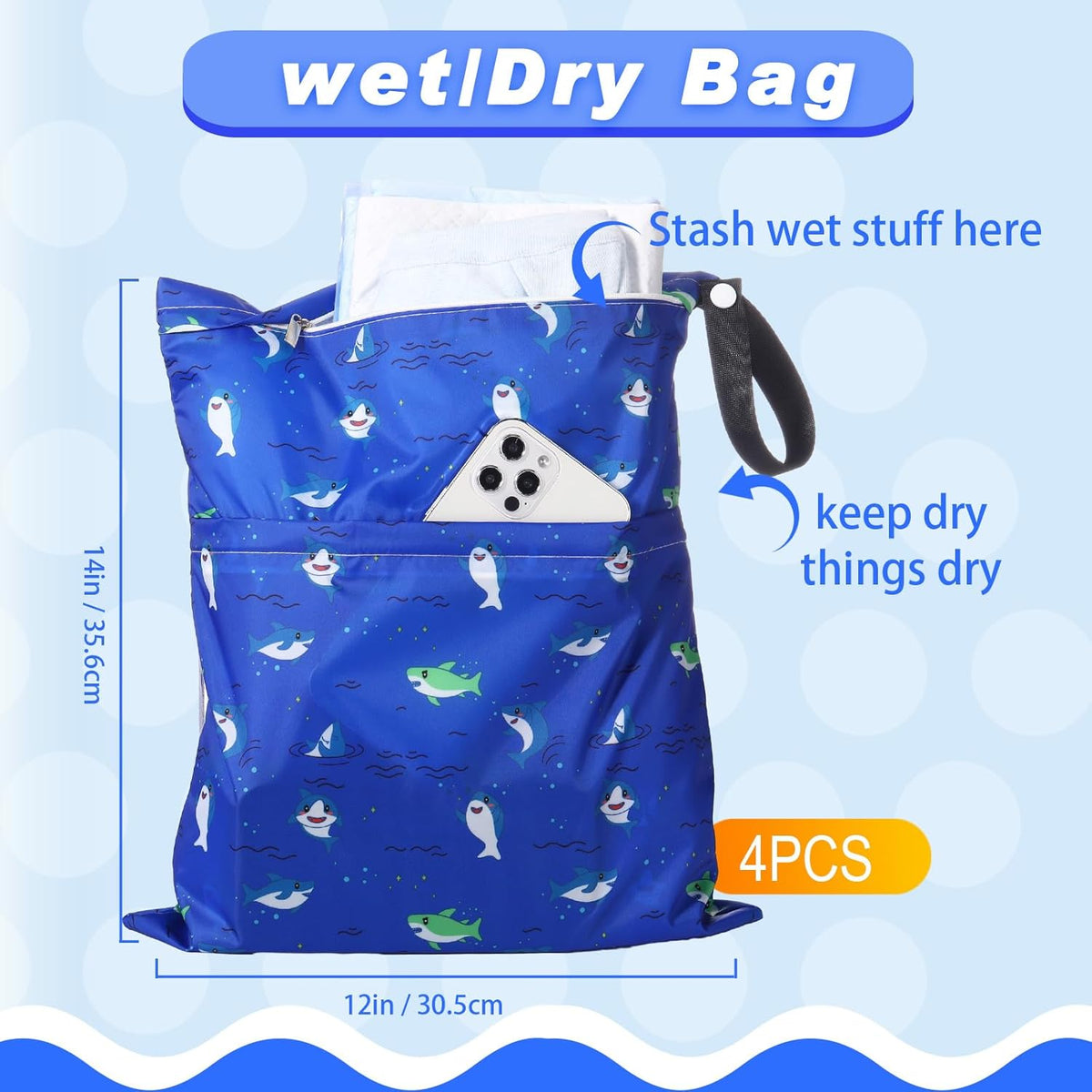 Frienda 4 Pack Wet Bags for Swimsuits, Waterproof Reusable Travel Wet Dry Bags with Zippered Pockets for Beach Pool Swimwear, Towels, Gym, Cloth Diapers, Summer Vacation Essentials(Nautical Style)