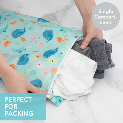 Bumkins Waterproof Wet Bag for Baby, Travel, Swim Suit, Cloth Diapers, Pump Parts, Pool, Beach, Gym Clothes, Toiletry, Hook to Stroller, Daycare, Zipper Reusable Wetdry Packing Pouch, Jungle