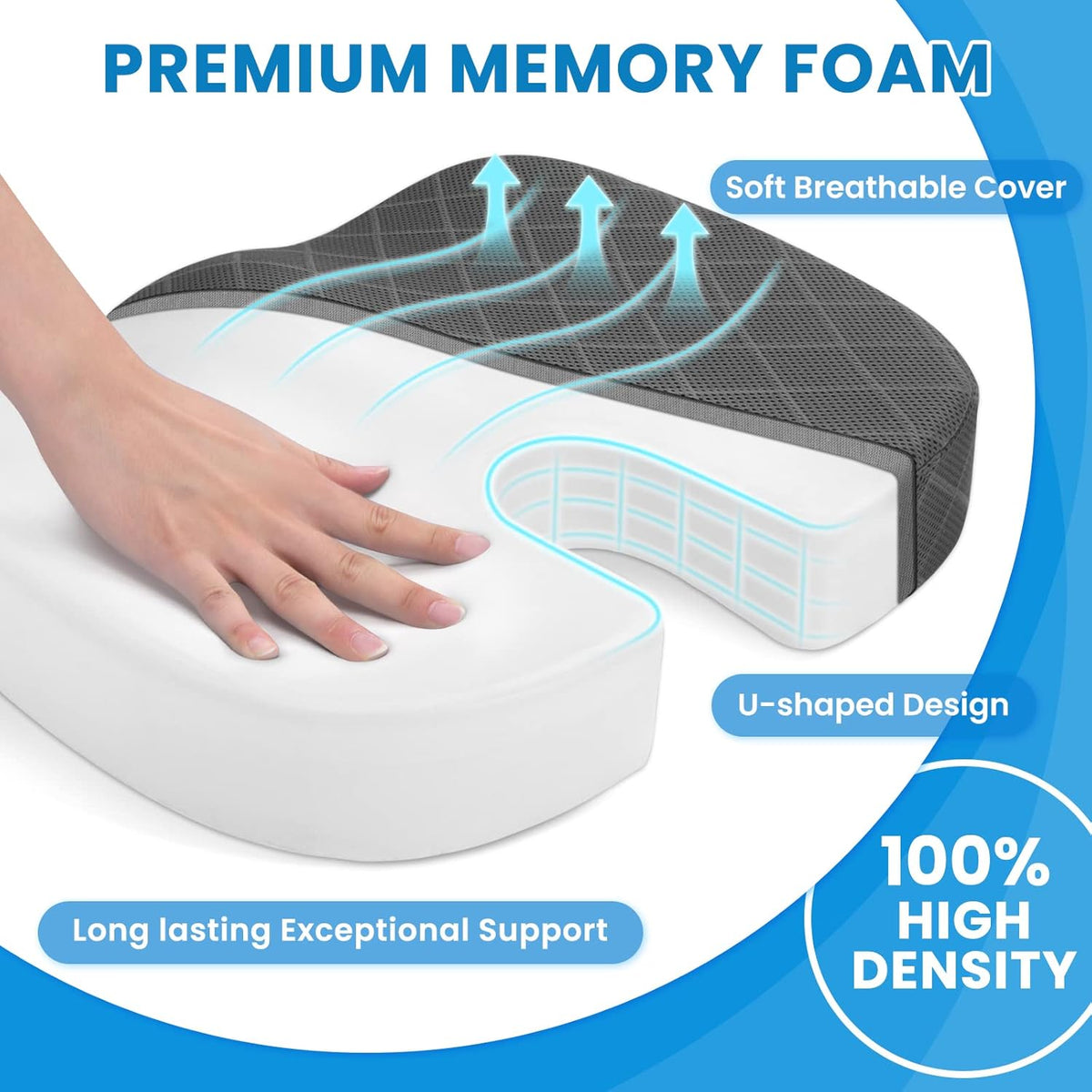 TushGuard Seat Cushion, Memory Foam Office Chair Cushion - Grey, Large
