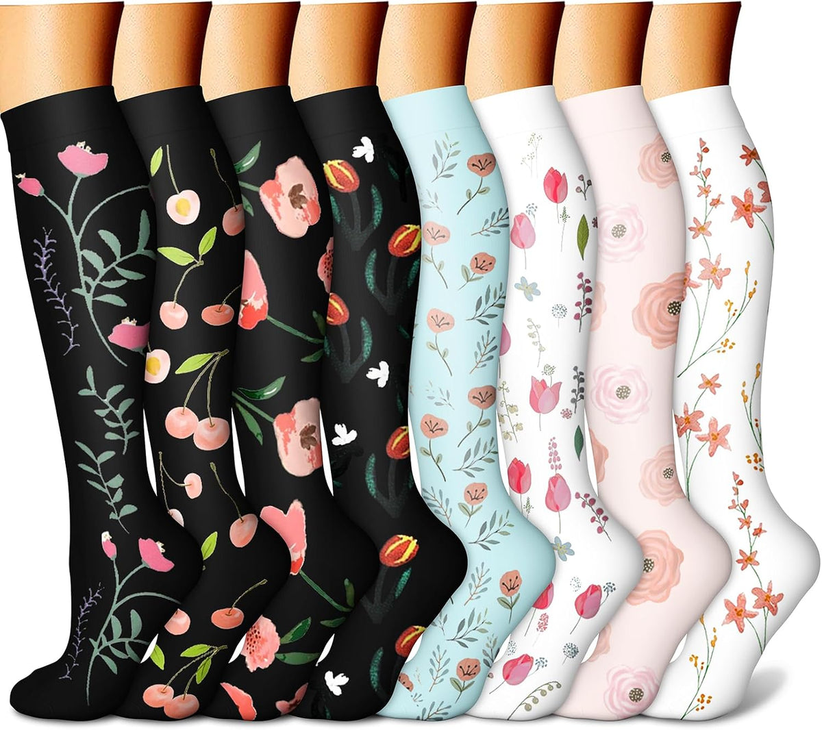 CHARMKING Compression Socks for Women & Men Circulation (8 Pairs) 15-20 mmHg Best Calf Socks Support for Athletic Cycling - Colors B