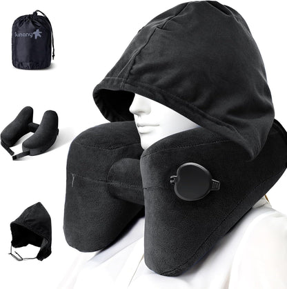 Sunany Travel Neck Pillow for Airplane Pillow Comfortably Supports Head, Neck and Chin, Inflatable Travel Pillow with Soft Velour Cover and Portable Drawstring Bag (Black, H-Shape)