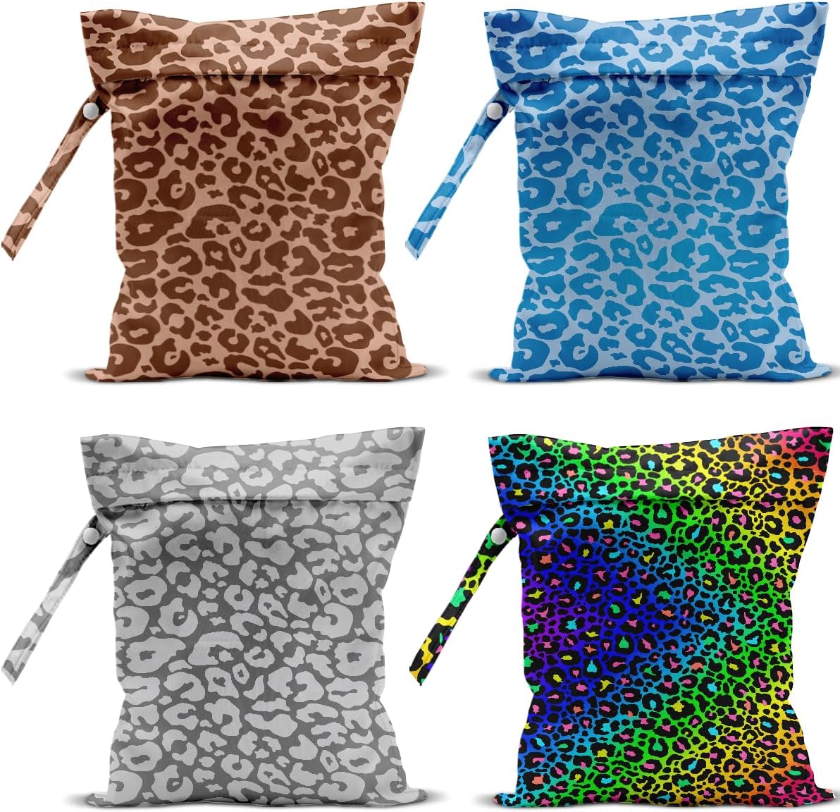 4 Pack Colorful Neon Leopard Print Wet Bag Waterproof Reusable Wet Dry Bag for Swimsuit Dirty Clothes Diaper Travel Pool Beach Yoga Gym Travel Party Birthday Christmas Toiletries Beach Essentials