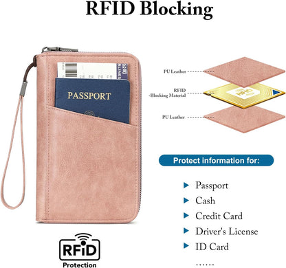 Family Passport Holder for Travel Women and Men RFID Passport Holder with Zipper Passport Case Passport cover Passport Wallet Travel Essentials and Accessories(Family,Pink)