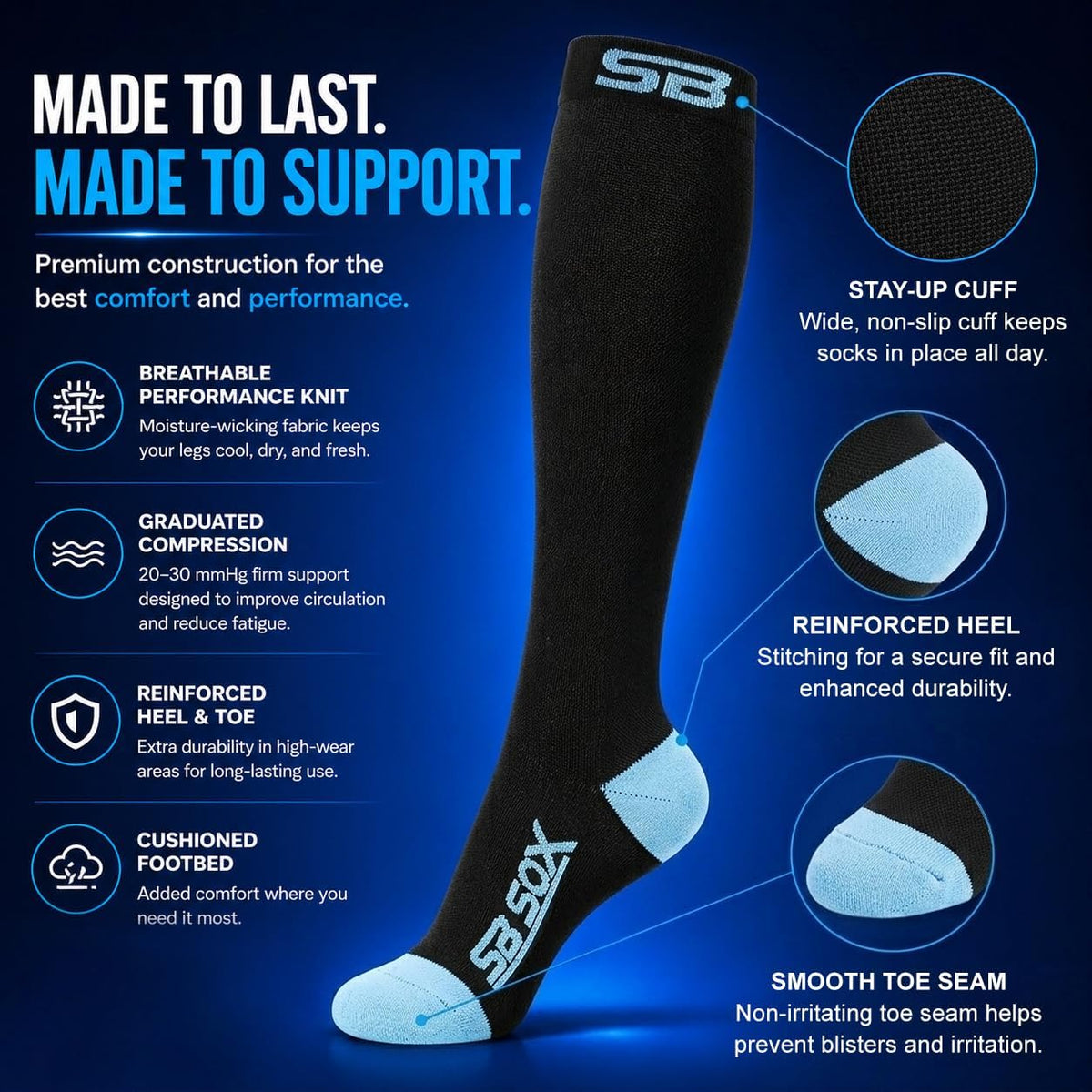 SB SOX Compression Socks for Men & Women (20-30mmHg) – Best Compression Socks for Flying, Medical, Sports, Wide Calf Fit, and Daily Wear