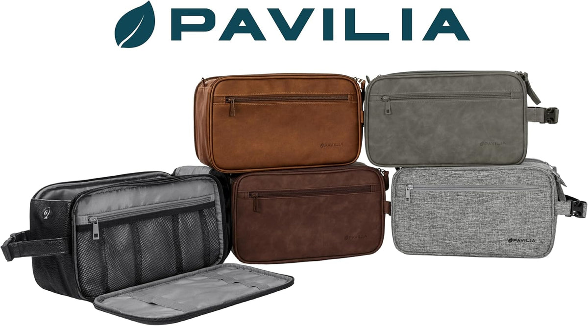 PAVILIA Toiletry Bag for Men, Travel Essentials Shaving Dopp Kit, Mens Travel Bag Toiletries Organizer Case for Grooming, PU Leather Water Resistant Cosmetic Bag Pouch (Dark Brown)