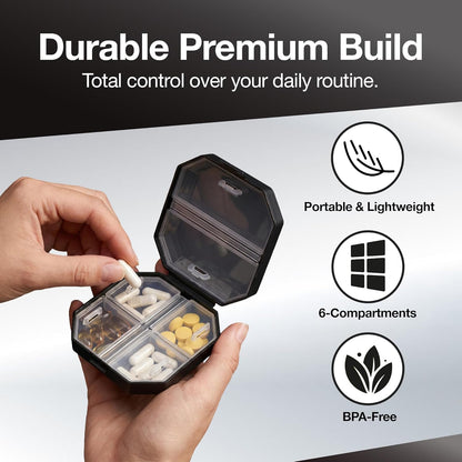 6-Compartment Travel Pill Organizer – Portable Daily Vitamin & Medicine Case, Compact & Durable Pill Box for Pocket, Purse, or Travel