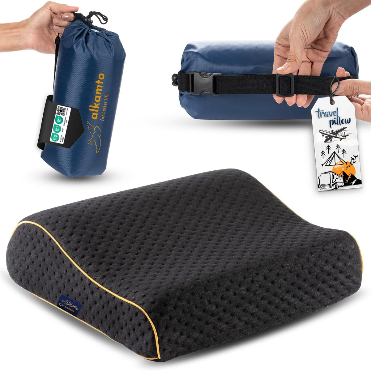 Travel & Camping Comfortable Memory Foam Pillow – Easy to Carry Portable Bag – Temperature Regulating Pillow Case