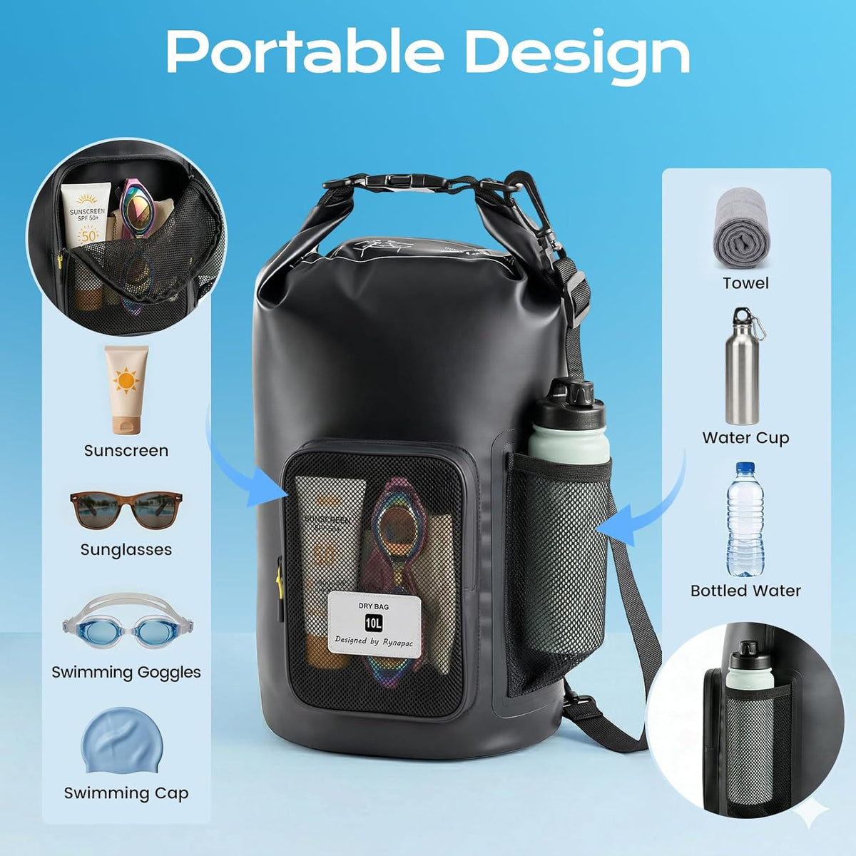5L Waterproof Dry Bag with Bottle Holder & Mesh Pocket, 500D PVC Tarpaulin Roll Top Dry Sack with Inner Waterproof Adsorption Film, Lightweight Dry Bag for Kayaking, Beach, Boating, Fishing, Travel