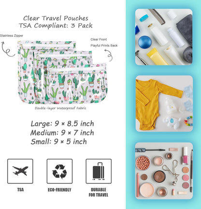 HIONXMGA TSA Approved Toiletry Bag, Set of 3 Clear Travel Toiletry Bag Quart Size Zipper Travel Pouch, Waterproof Makeup Cosmetic Bag for Women Men Kids Toiletries Carry on, Cacti A
