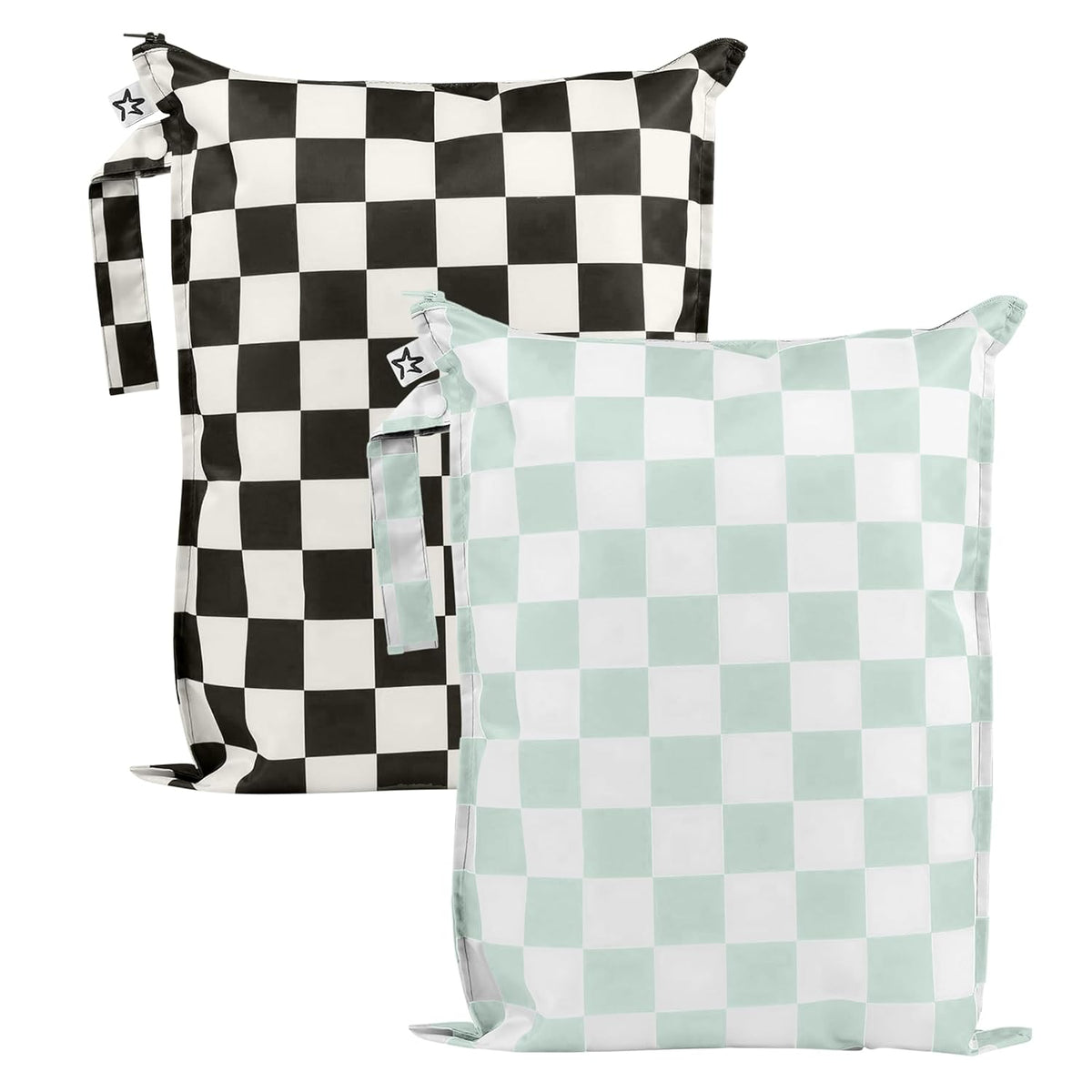 Tiny Twinkle Mess Proof Wet Bags | Reusable Waterproof Wet Bags for Swimsuits | Baby Clothes | Travel & Diaper Bag (Black, Green Checkers) - Colors B