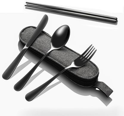 Matte Black 5-Piece Stainless Steel Travel Utensil Set with Waterproof Case, Reusable Portable Flatware Includes Knife, Fork, Spoon, Chopsticks for Camping, Office, Picnic & Daily Use