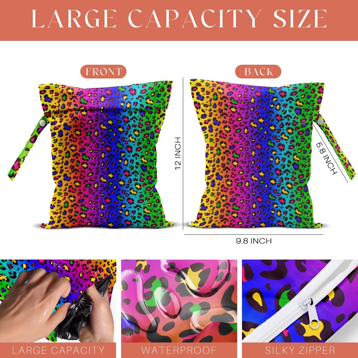 4 Pack Colorful Neon Leopard Print Wet Bag Waterproof Reusable Wet Dry Bag for Swimsuit Dirty Clothes Diaper Travel Pool Beach Yoga Gym Travel Party Birthday Christmas Toiletries Beach Essentials
