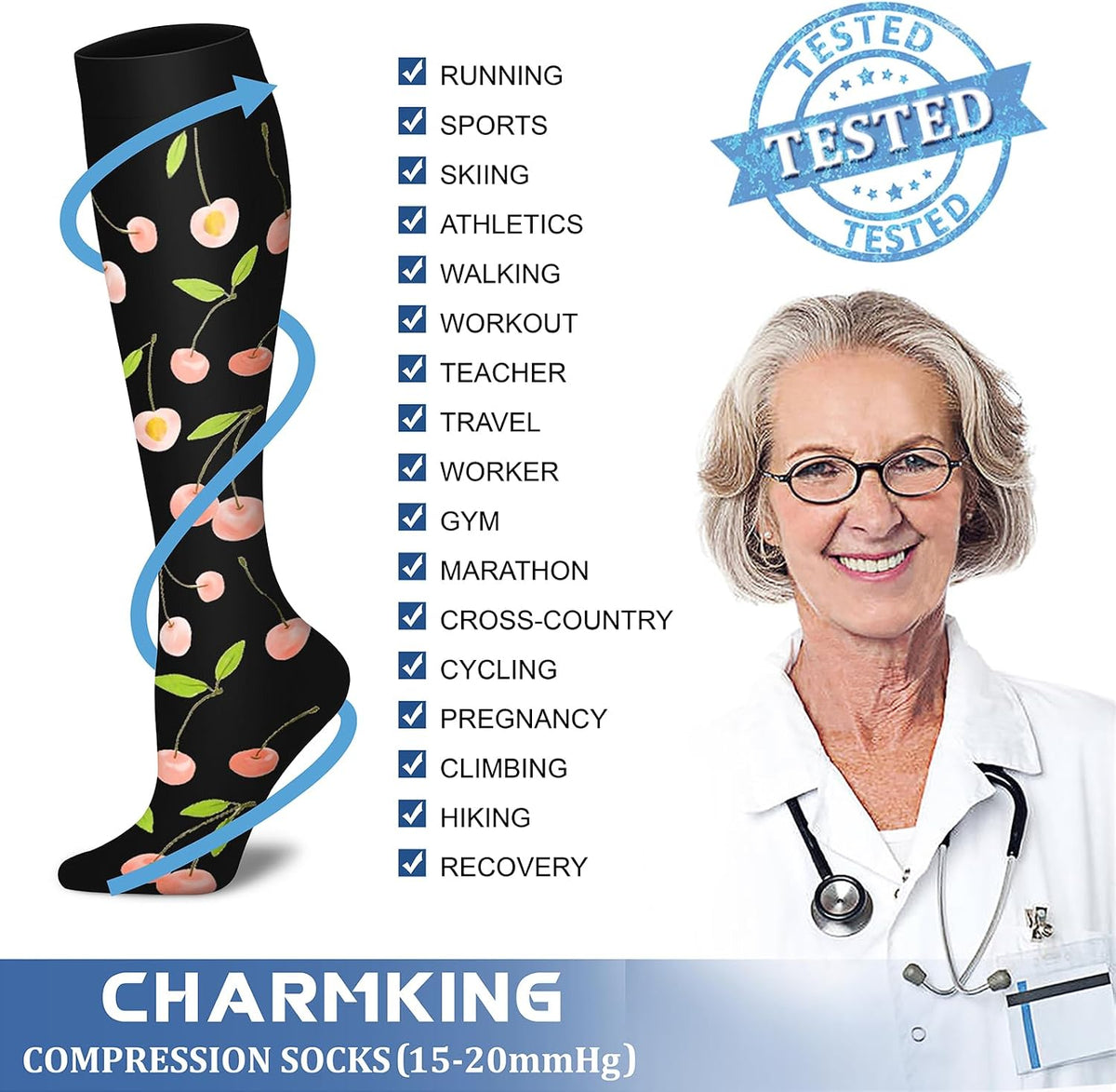 CHARMKING Compression Socks for Women & Men Circulation (8 Pairs) 15-20 mmHg Best Calf Socks Support for Athletic Cycling - Colors B