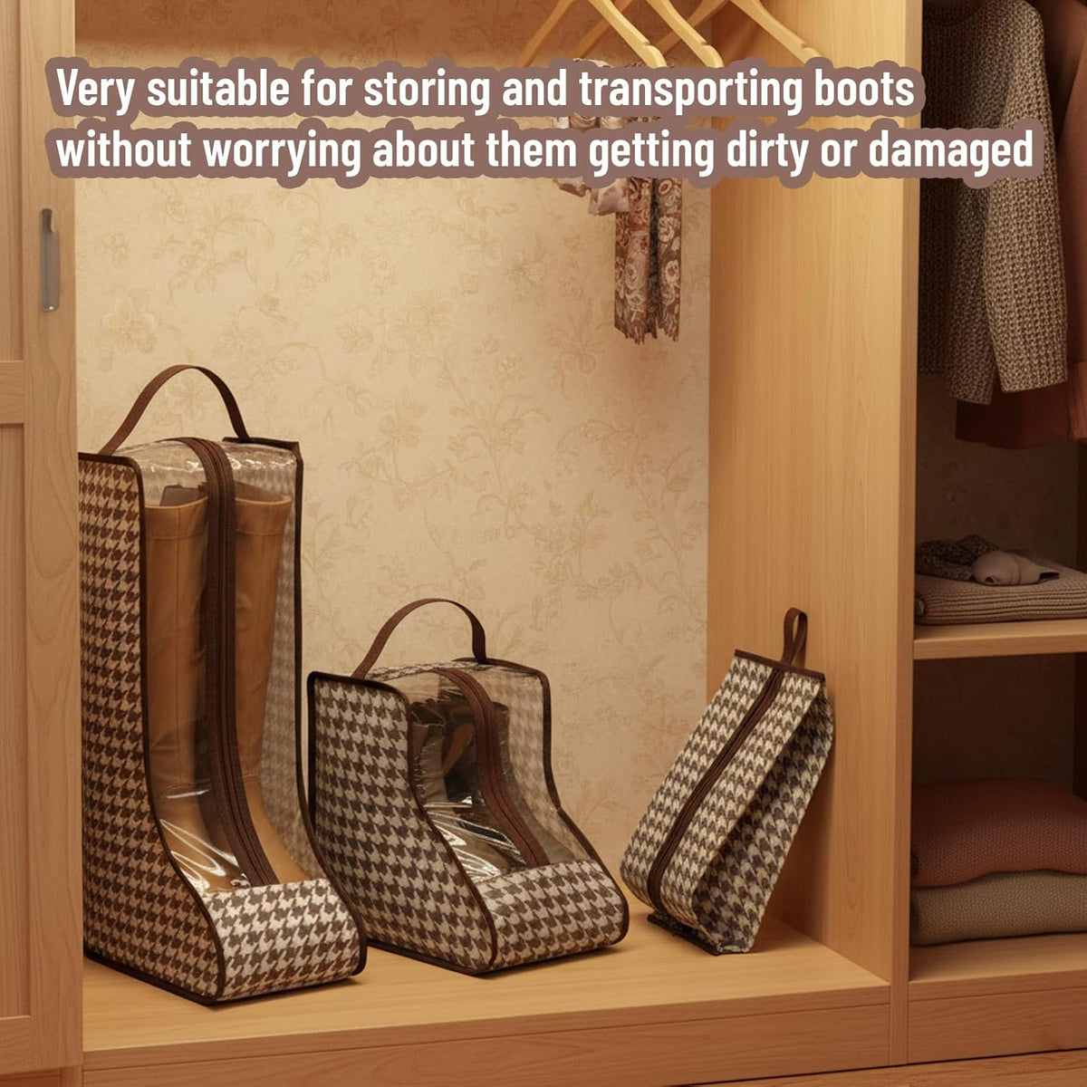 Boot Bag, 3-Piece Houndstooth Boot Storage Set, Tall Boot Storage Bag and Short Boot Bag for Cowboy Boots, Dust-Proof Shoe Cover for Travel and Home Organization