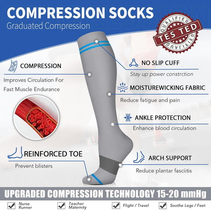 Sooverki Copper Compression Socks for Men & Women 8 Pack 15-20mmHg - Knee High Stockings Best Support for Running Athletic