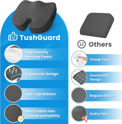 TushGuard Seat Cushion, Memory Foam Office Chair Cushion - Grey, Large