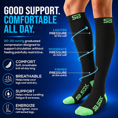 SB SOX Compression Socks for Men & Women (20-30mmHg) – Best Compression Socks for Flying, Medical, Sports, Wide Calf Fit, and Daily Wear