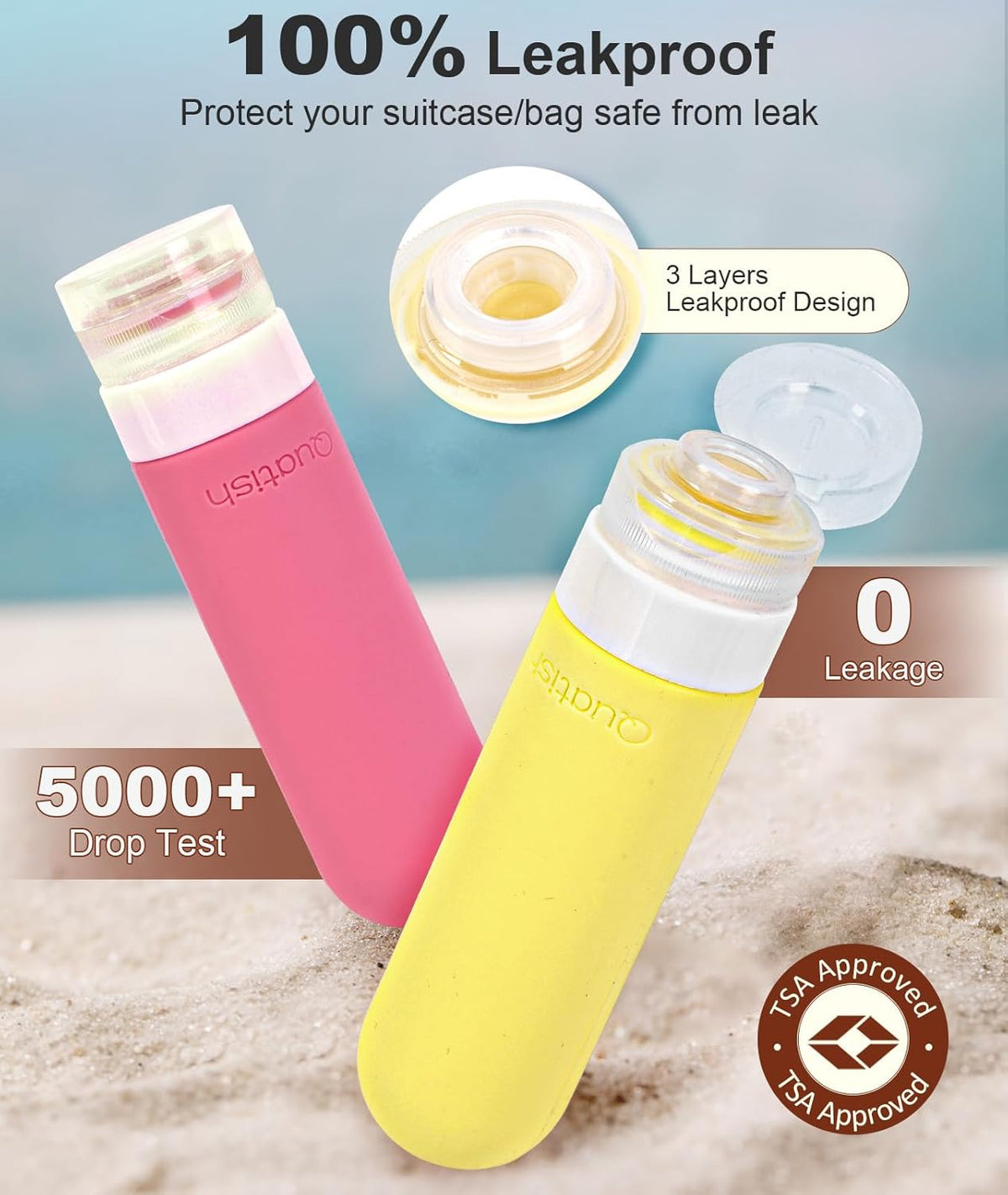 Quatish Travel Bottles for Toiletries 6 Pack, Original Patented Leakproof 3 oz Tsa Approved Travel Size Containers, BPA Free Silicone Shampoo and Conditioner Bottles, Camping Essentials