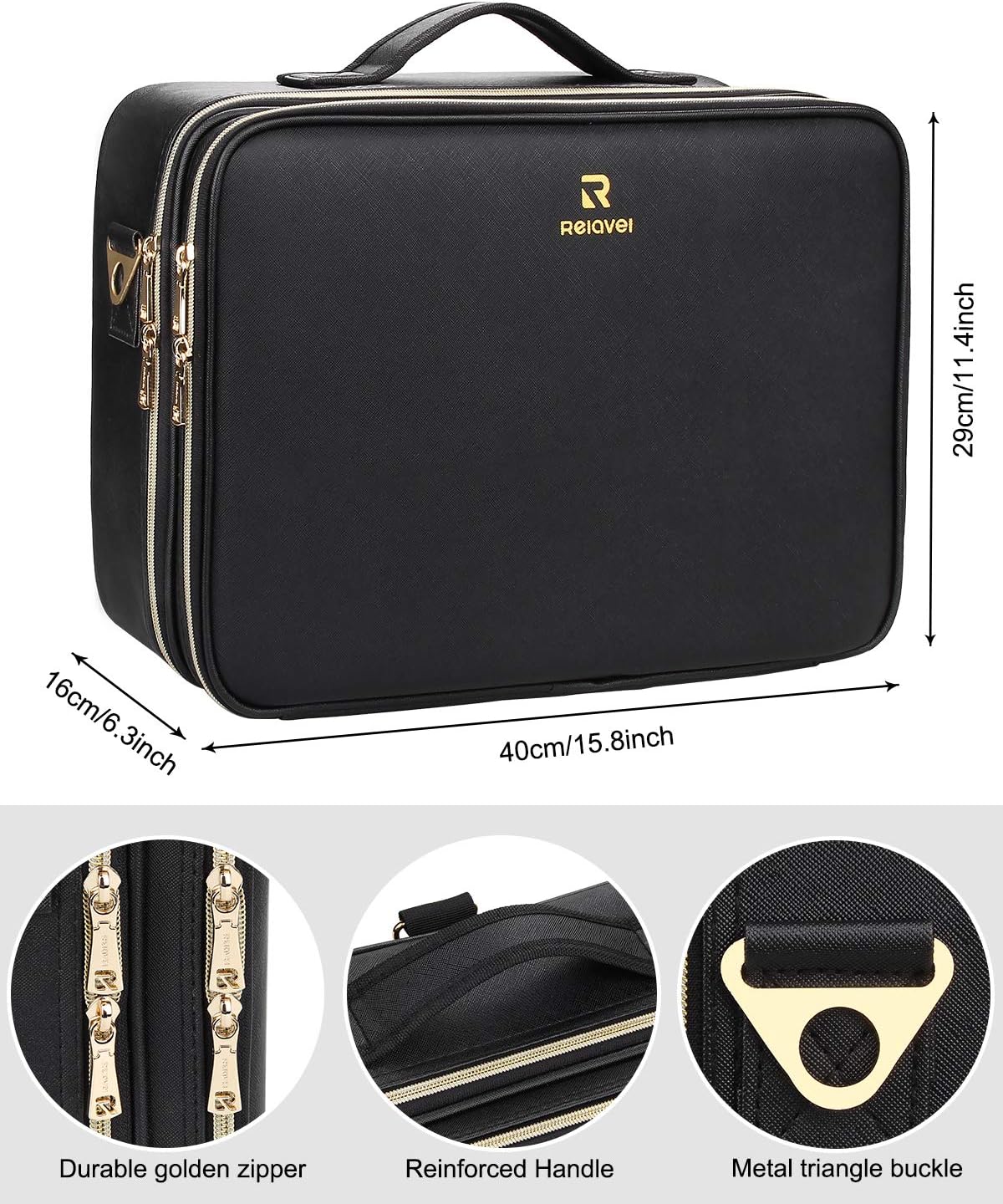 Relavel Travel Makeup Train Case Makeup Cosmetic Case Organizer Portable Artist Storage Bag with Adjustable Dividers for Cosmetics Makeup Brushes Toiletry Jewelry Digital Accessories Black