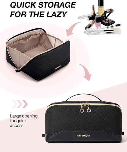 BAGSMART Travel Makeup Bag for Women, Portable Water-resistant Cosmetic Case, Puffy Padded Make Up Organizer Pouch, Open Flat Toiletry Bag for Toiletries, Brushes, Black