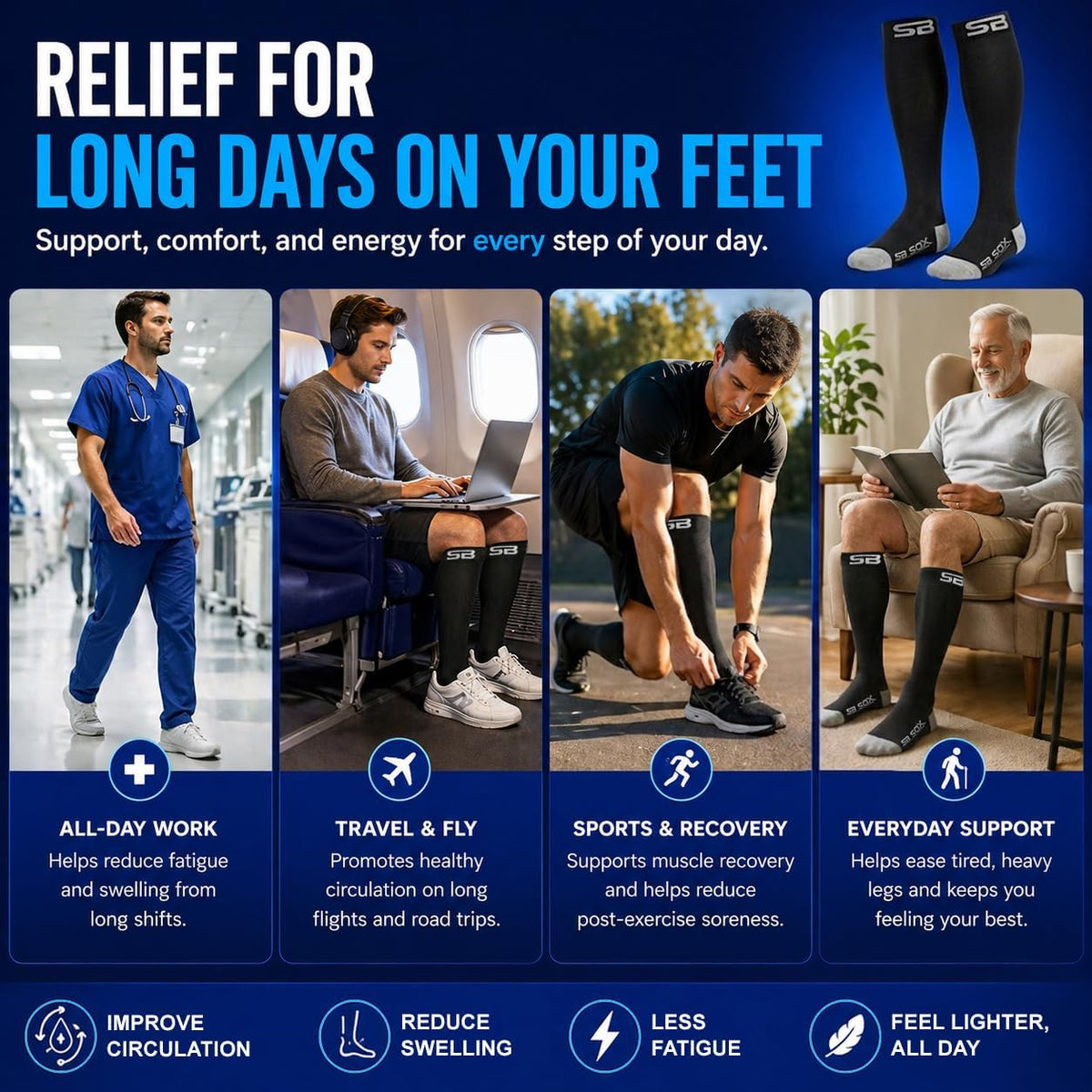 SB SOX Compression Socks for Men & Women (20-30mmHg) – Best Compression Socks for Flying, Medical, Sports, Wide Calf Fit, and Daily Wear