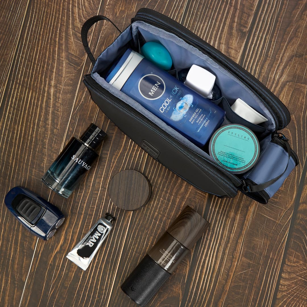ZEEMO Travel Toiletry Bag for Men, Medium Water-Resistant Double-Sided Full-Open Dopp Kit, Versatile Organizer for Shower and Hygiene Accessories, Bathroom Essentials, Cosmetics, Black