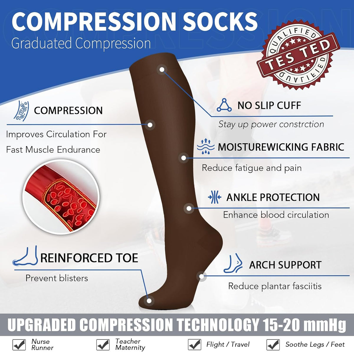 Sooverki Copper Compression Socks for Men & Women 8 Pack 15-20mmHg - Knee High Stockings Best Support for Running Athletic