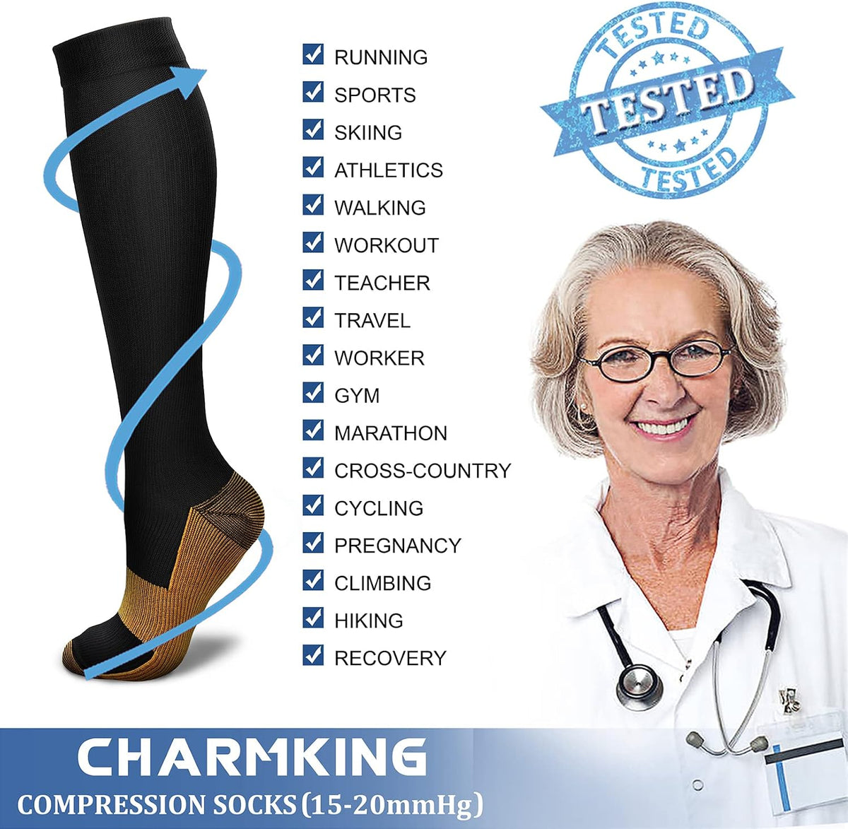 CHARMKING Compression Socks for Women & Men Circulation (8 Pairs) 15-20 mmHg Best Calf Socks Support for Athletic Cycling - Colors A