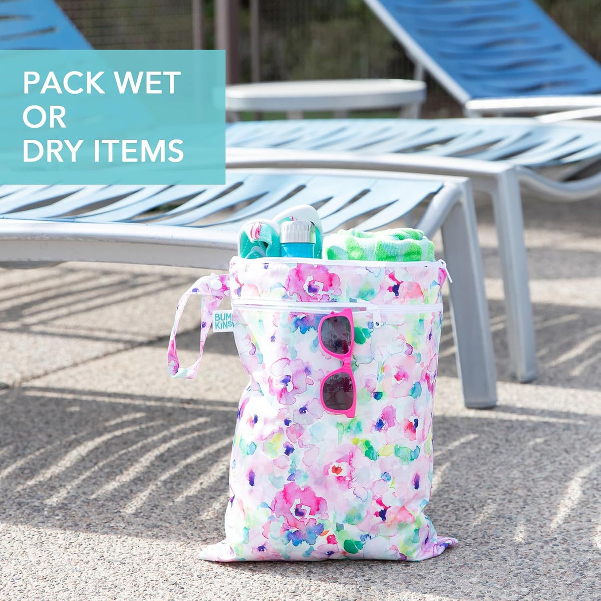 Bumkins Waterproof Wet Bag for Baby, Travel, Swim Suit, Cloth Diapers, Pump Parts, Pool, Beach, Gym Clothes, Toiletry, Hook to Stroller, Daycare, Zipper Reusable Wetdry Packing Pouch, Jungle