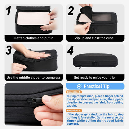 BAGAIL 4 Set/6 Set/8 Set Compression Packing Cubes Travel Accessories Expandable Packing Organizers (Cloth Pattern, 4-Black) - Colors A