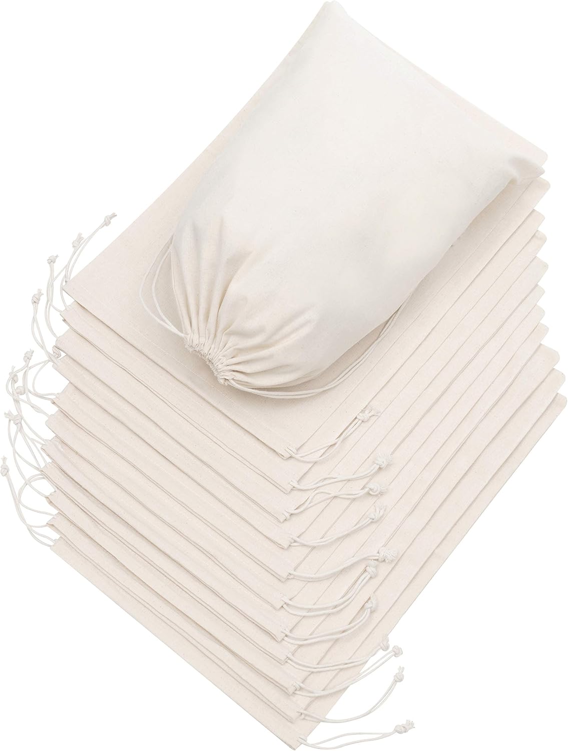 DR 100% Cotton Muslin Drawstring Bags (10x15 Inch - 12-Pack) Large Natural Unbleached Beige Fabric Storage Pouches for Clothes Produce Bulk Items Laundry Travel Gifts