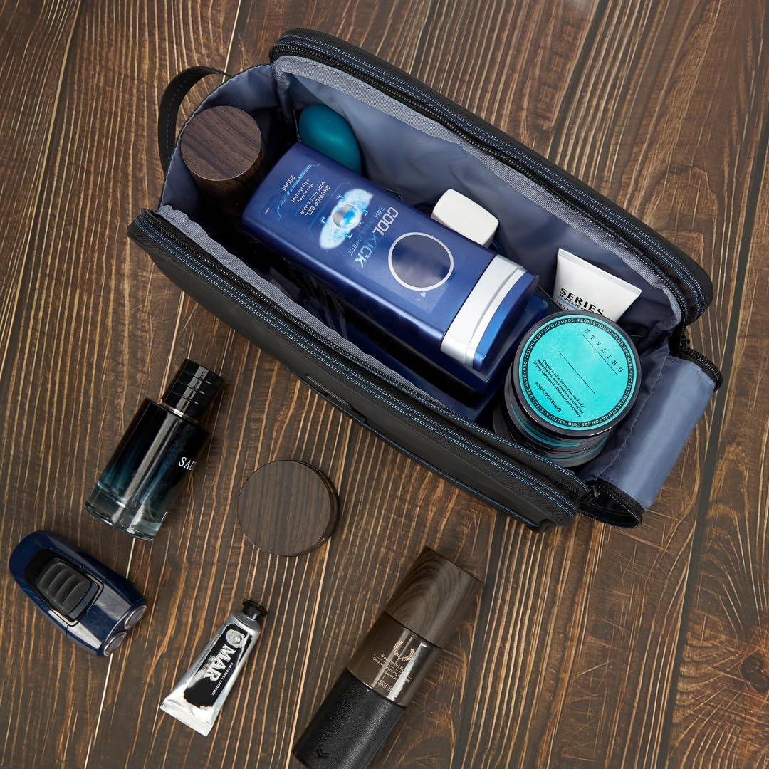 ZEEMO Travel Toiletry Bag for Men, Medium Water-Resistant Double-Sided Full-Open Dopp Kit, Versatile Organizer for Shower and Hygiene Accessories, Bathroom Essentials, Cosmetics, Black