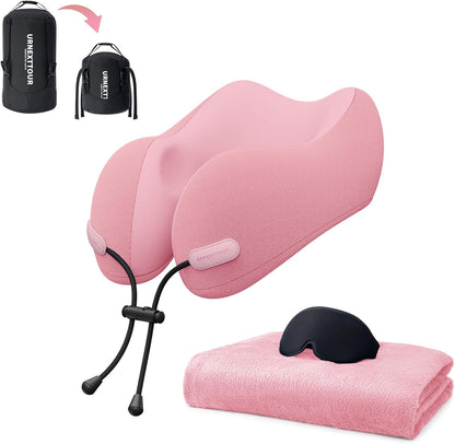 urnexttour Neck Pillow and Blanket Set for Travel Memory Foam Design Models Pillows with Eye Mask and 50% More Storage Bag Traveling Essentials Plane Car Flight Rest Sleeping Use Adult, Blue