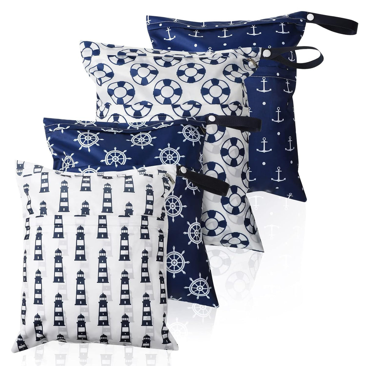Frienda 4 Pack Wet Bags for Swimsuits, Waterproof Reusable Travel Wet Dry Bags with Zippered Pockets for Beach Pool Swimwear, Towels, Gym, Cloth Diapers, Summer Vacation Essentials(Nautical Style)