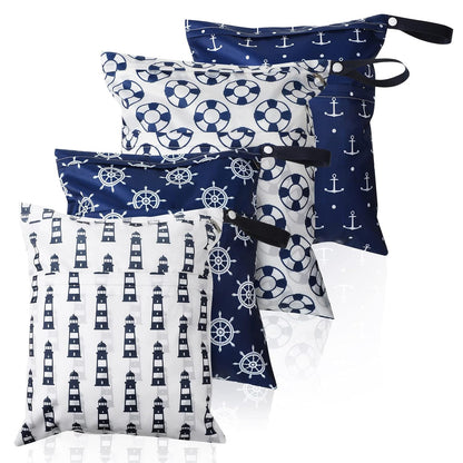 Frienda 4 Pack Wet Bags for Swimsuits, Waterproof Reusable Travel Wet Dry Bags with Zippered Pockets for Beach Pool Swimwear, Towels, Gym, Cloth Diapers, Summer Vacation Essentials(Nautical Style)