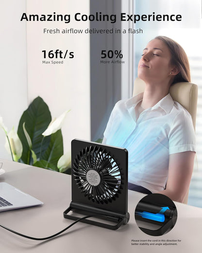 Koonie USB Desk Fan, Strong Wind Ultra Quiet Small Personal Fan with 180° Tilt Folding and 3 Speeds Adjustable, USB-C Corded Powered Mini USB Fan for Office Desktop Bedroom, NO BATTERY