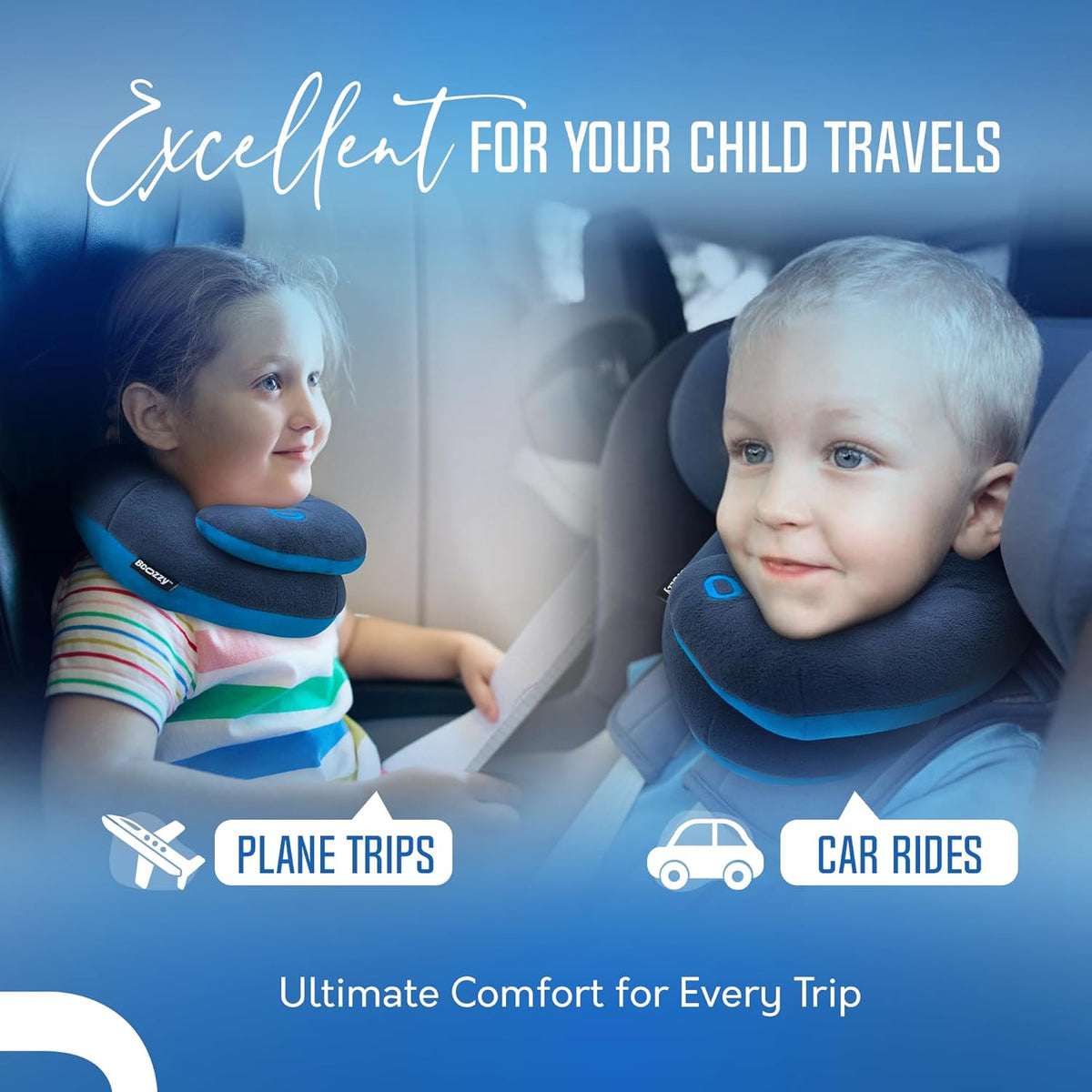 BCOZZY Travel Neck Pillow for Airplane – Patented Double Support for Head, Neck, and Chin. Best for Long Flights, Plane Sleeping, and Car Rides. Adjustable Size. Fully Washable. Carry Bag. Large, Navy