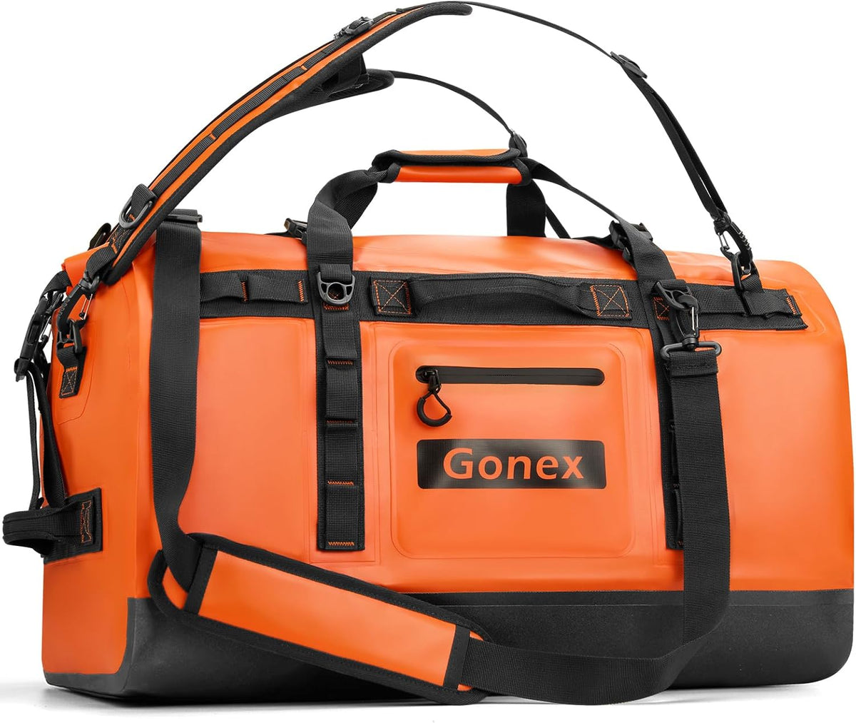 Gonex Waterproof Duffel Bag, 90L Heavy Duty Dry Duffle Bag with Reinforced Thickened Bottom, 3-in-1 Convertible Large Travel Backpack for Kayaking, Motorcycle, Camping & Boating, Orange