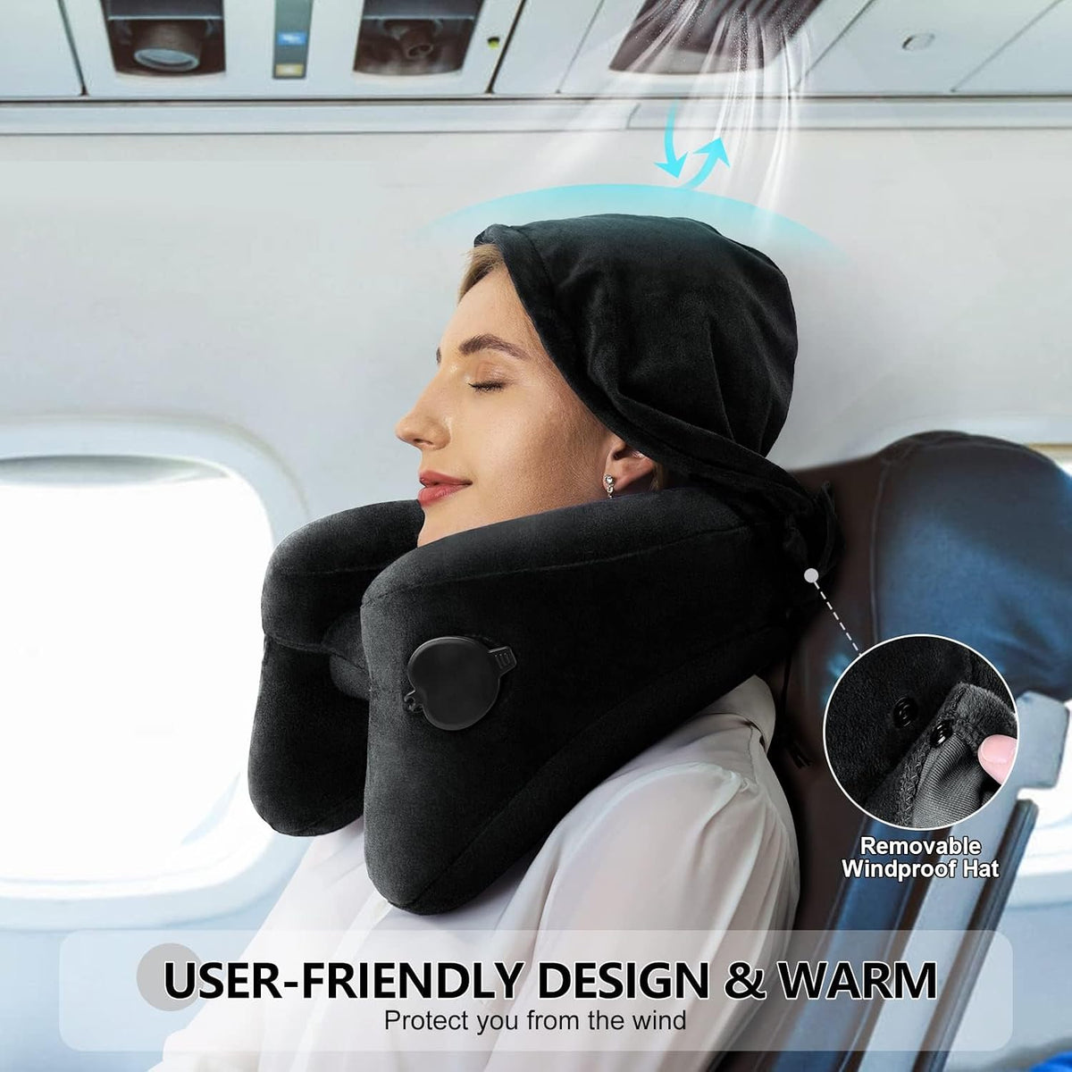 Sunany Travel Neck Pillow for Airplane Pillow Comfortably Supports Head, Neck and Chin, Inflatable Travel Pillow with Soft Velour Cover and Portable Drawstring Bag (Black, H-Shape)